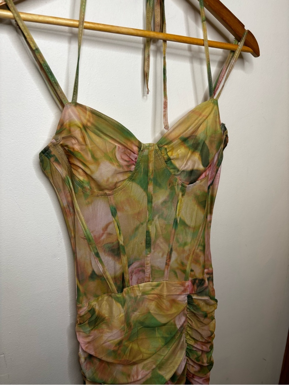 NWT Floral Fairycore Green Pink Mesh Ruched Maxi Dress - Picture 9 of 12